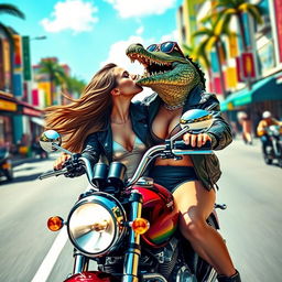 A sexy girl wearing a stylish outfit is passionately kissing a crocodile dressed in a leather jacket while riding a motorcycle