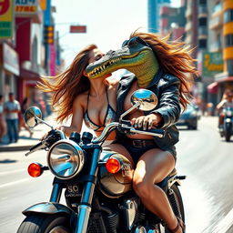 A sexy girl wearing a stylish outfit is passionately kissing a crocodile dressed in a leather jacket while riding a motorcycle