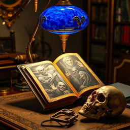 A futuristic blue lapis lazuli lamp with exquisite gold accents casting light on a mysterious book, which features dark and terrifying images