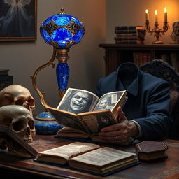 A futuristic blue lapis lazuli lamp with exquisite gold accents casting light on a mysterious book, which features dark and terrifying images