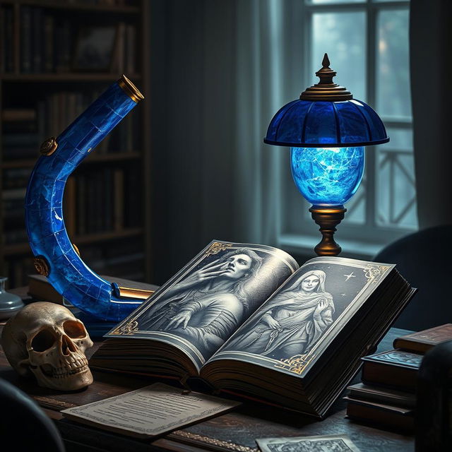 A futuristic blue lapis lazuli lamp with exquisite gold accents casting light on a mysterious book, which features dark and terrifying images