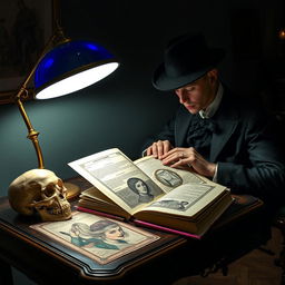 A futuristic lamp in lapis lazuli blue with gold leaf accents illuminating a mysterious book on a stylish desk