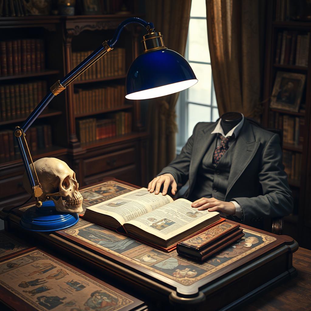 A futuristic lamp in lapis lazuli blue with gold leaf accents illuminating a mysterious book on a stylish desk