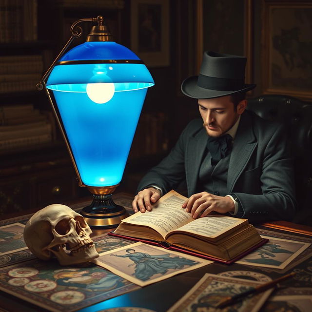 A futuristic lamp in lapis lazuli blue with gold leaf accents illuminating a mysterious book on a stylish desk