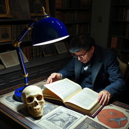 A futuristic lamp in lapis lazuli blue with gold leaf accents illuminating a mysterious book on a stylish desk