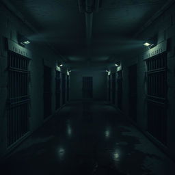 A dark, eerie basement featuring eight cells, four on each side, lined up against cold stone walls