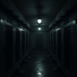 A dark, eerie basement featuring eight cells, four on each side, lined up against cold stone walls