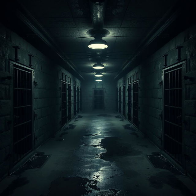 A dark, eerie basement featuring eight cells, four on each side, lined up against cold stone walls