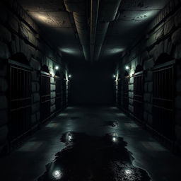 A dark, eerie basement featuring eight cells, four on each side, lined up against cold stone walls