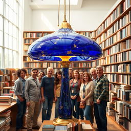 A futuristic lapis lazuli lamp with gold leaf finishes in a bright library, filled with shelves of books