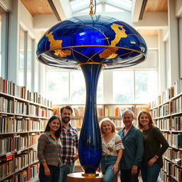 A futuristic lapis lazuli lamp with gold leaf finishes in a bright library, filled with shelves of books