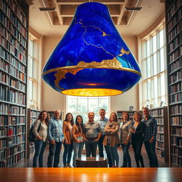 A futuristic lapis lazuli lamp with gold leaf finishes in a bright library, filled with shelves of books
