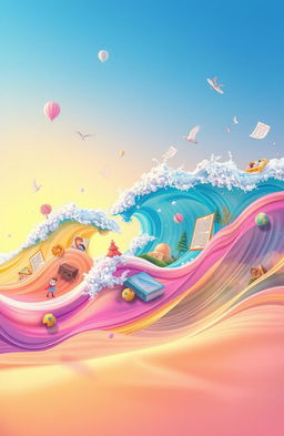 A surreal and vibrant illustration depicting animated waves that represent memories, with each wave featuring different scenes or symbols of memories such as childhood toys, photographs, handwritten letters, and nostalgic landscapes