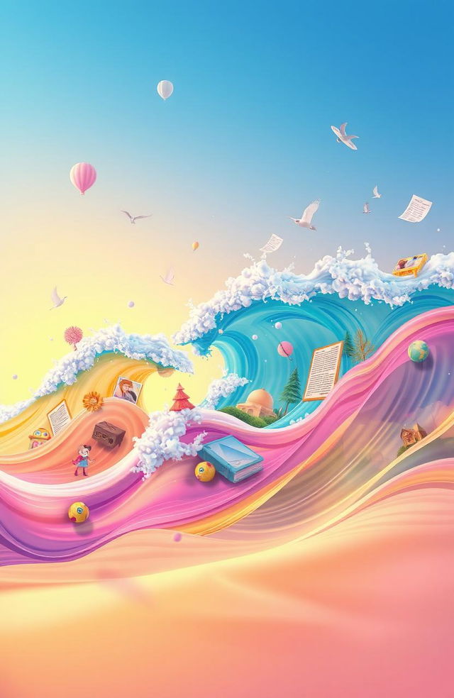 A surreal and vibrant illustration depicting animated waves that represent memories, with each wave featuring different scenes or symbols of memories such as childhood toys, photographs, handwritten letters, and nostalgic landscapes