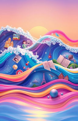 A surreal and vibrant illustration depicting animated waves that represent memories, with each wave featuring different scenes or symbols of memories such as childhood toys, photographs, handwritten letters, and nostalgic landscapes