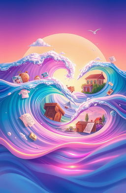 A surreal and vibrant illustration depicting animated waves that represent memories, with each wave featuring different scenes or symbols of memories such as childhood toys, photographs, handwritten letters, and nostalgic landscapes