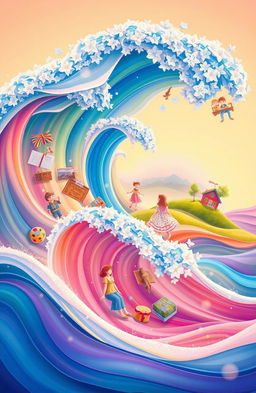 A surreal and vibrant illustration depicting animated waves that represent memories, with each wave featuring different scenes or symbols of memories such as childhood toys, photographs, handwritten letters, and nostalgic landscapes