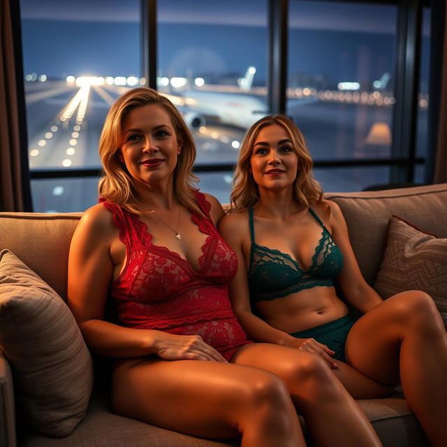 A cozy scene featuring Scarlett, in her 40s, and her stepdaughter Amanda, in her 20s, lounging together on a comfortable couch in their stylish hotel suite at Bloc Hotel London Gatwick