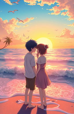 A romantic scene of two young lovers standing on a beach, gazing at the sunset over the ocean