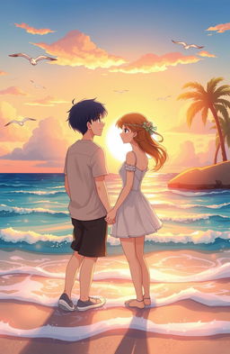 A romantic scene of two young lovers standing on a beach, gazing at the sunset over the ocean