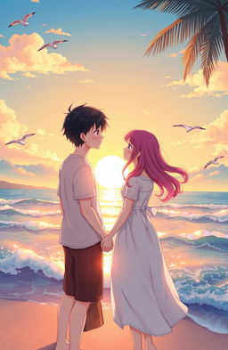 A romantic scene of two young lovers standing on a beach, gazing at the sunset over the ocean