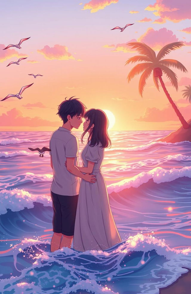 A romantic scene of two young lovers standing on a beach, gazing at the sunset over the ocean