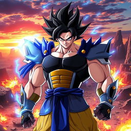 A fantastical fusion character showcasing the combined traits of Goku, Broly, and Vegeta, embodying their signature looks: spiky black hair adorned with a hint of green from Broly and Vegeta's royal blue aura, muscular build representing unparalleled power, wearing a sleek, updated version of the Saiyan armor that blends elements from each character's attire