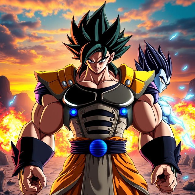 A fantastical fusion character showcasing the combined traits of Goku, Broly, and Vegeta, embodying their signature looks: spiky black hair adorned with a hint of green from Broly and Vegeta's royal blue aura, muscular build representing unparalleled power, wearing a sleek, updated version of the Saiyan armor that blends elements from each character's attire