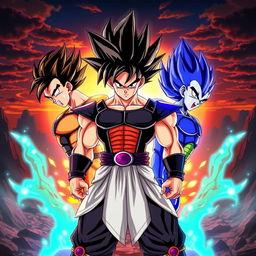 A fantastical fusion character showcasing the combined traits of Goku, Broly, and Vegeta, embodying their signature looks: spiky black hair adorned with a hint of green from Broly and Vegeta's royal blue aura, muscular build representing unparalleled power, wearing a sleek, updated version of the Saiyan armor that blends elements from each character's attire