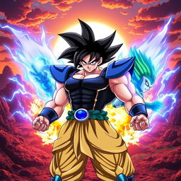 A fantastical fusion character showcasing the combined traits of Goku, Broly, and Vegeta, embodying their signature looks: spiky black hair adorned with a hint of green from Broly and Vegeta's royal blue aura, muscular build representing unparalleled power, wearing a sleek, updated version of the Saiyan armor that blends elements from each character's attire