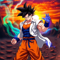 A striking fusion character representing the combined essence of Goku, Broly, and Vegeta dressed in Gogeta's iconic clothing: the fitted blue tunic with orange accents, along with a flowing, sleeveless white jacket that highlights a muscular physique