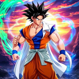 A striking fusion character representing the combined essence of Goku, Broly, and Vegeta dressed in Gogeta's iconic clothing: the fitted blue tunic with orange accents, along with a flowing, sleeveless white jacket that highlights a muscular physique