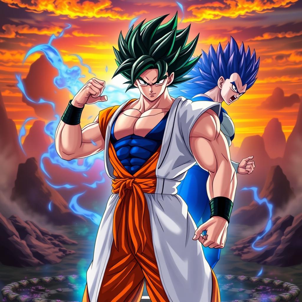 A striking fusion character representing the combined essence of Goku, Broly, and Vegeta dressed in Gogeta's iconic clothing: the fitted blue tunic with orange accents, along with a flowing, sleeveless white jacket that highlights a muscular physique