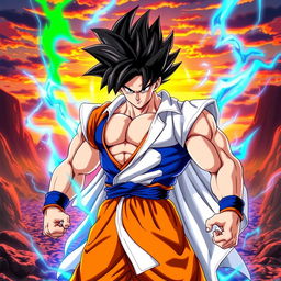 A striking fusion character representing the combined essence of Goku, Broly, and Vegeta dressed in Gogeta's iconic clothing: the fitted blue tunic with orange accents, along with a flowing, sleeveless white jacket that highlights a muscular physique
