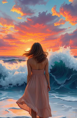 A stunning scene depicting wild waves crashing upon the shore at sunset, with vibrant oranges, purples, and pinks filling the sky