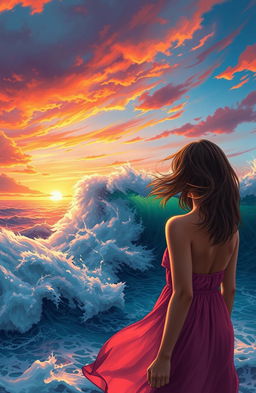 A stunning scene depicting wild waves crashing upon the shore at sunset, with vibrant oranges, purples, and pinks filling the sky