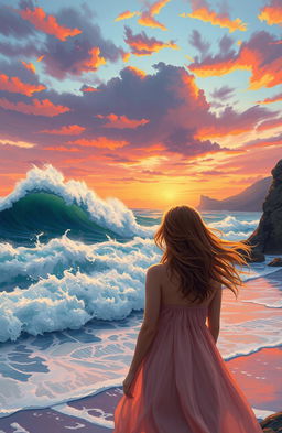 A stunning scene depicting wild waves crashing upon the shore at sunset, with vibrant oranges, purples, and pinks filling the sky