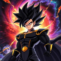 A powerful Black Super Saiyan, showcasing an imposing figure with striking features, deep black hair standing upright in an electrifying, wild style typical of Super Saiyans