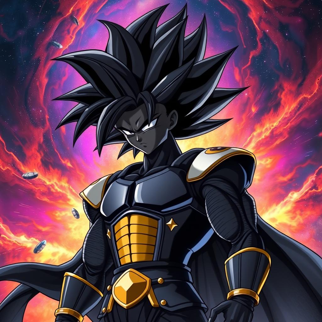 A powerful Black Super Saiyan, showcasing an imposing figure with striking features, deep black hair standing upright in an electrifying, wild style typical of Super Saiyans