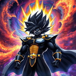A powerful Black Super Saiyan, showcasing an imposing figure with striking features, deep black hair standing upright in an electrifying, wild style typical of Super Saiyans
