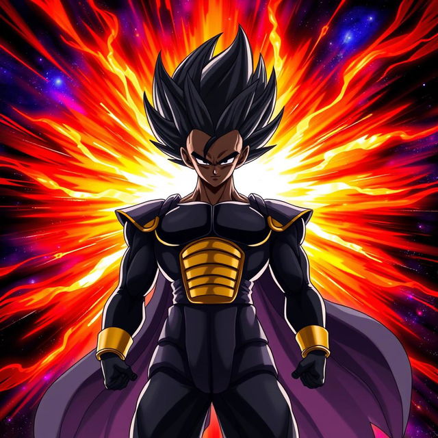 A powerful Black Super Saiyan, showcasing an imposing figure with striking features, deep black hair standing upright in an electrifying, wild style typical of Super Saiyans