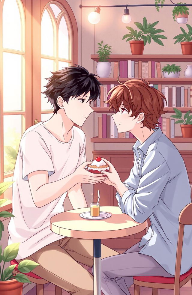 A heartwarming illustration of a romantic BL (Boys' Love) story set in a picturesque café