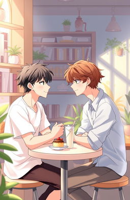 A heartwarming illustration of a romantic BL (Boys' Love) story set in a picturesque café