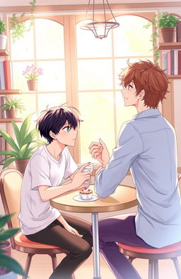 A heartwarming illustration of a romantic BL (Boys' Love) story set in a picturesque café