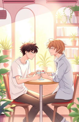 A heartwarming illustration of a romantic BL (Boys' Love) story set in a picturesque café