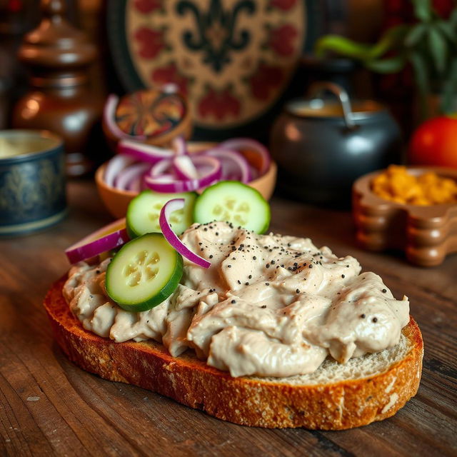 A delicious, savory spread made from cured pork fat, typically served on rye bread