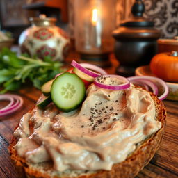 A delicious, savory spread made from cured pork fat, typically served on rye bread
