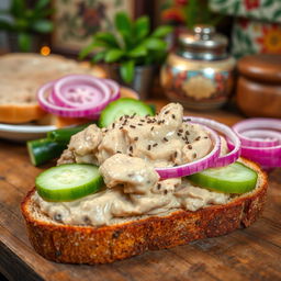 A delicious, savory spread made from cured pork fat, typically served on rye bread