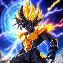 A formidable Black Saiyan in Super Saiyan form, exhibiting a powerful and dynamic stance