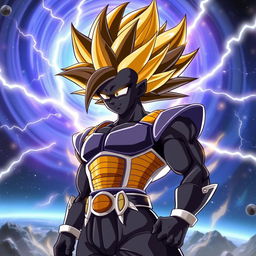 A formidable Black Saiyan in Super Saiyan form, exhibiting a powerful and dynamic stance